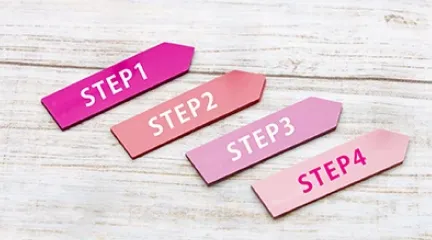 「STEP1」から「STEP4」まで記載されたピンク系の矢印プレートが並ぶデザイン