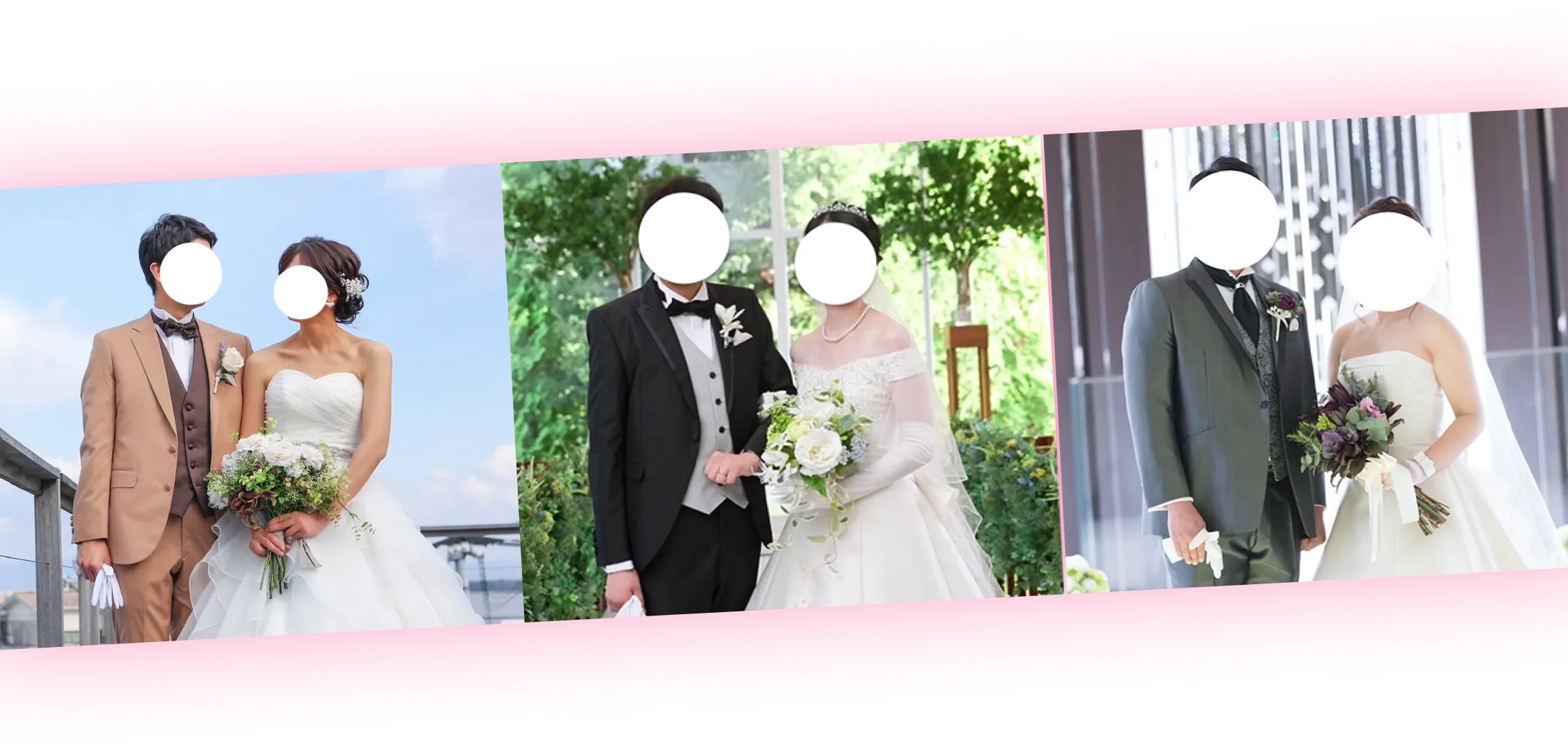 それぞれ異なるウェディングドレスとタキシードを着た３組の新郎新婦の全身写真